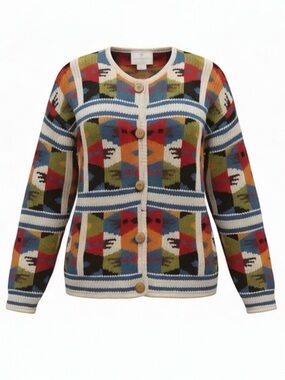 EXPRESS TRICOT  Handknitted Wool Cardigan‎ Sweater Multi Color Geometric M/L